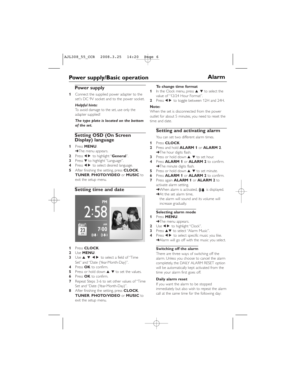 Power supply/basic operation alarm | Philips AJL308 User Manual | Page 6 / 15