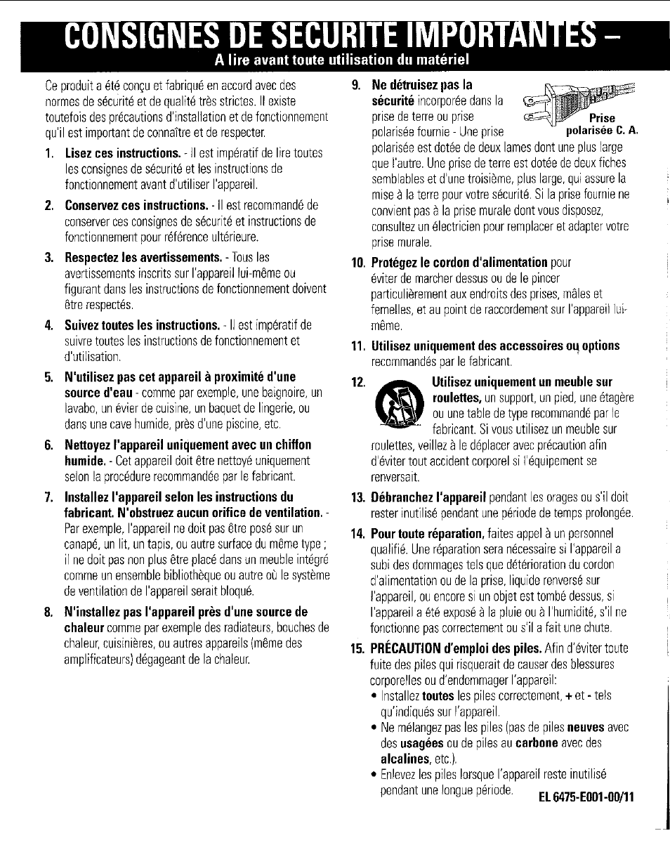 A lire avant toute utilisation du matériel, Utilisez uniquement des accessoires oq options, Consignes de securite impor | Philips AJ3953 User Manual | Page 11 / 36