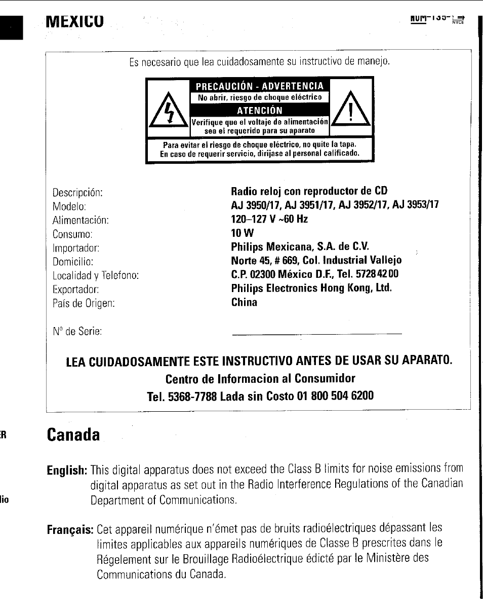 Canada, Mexico | Philips AJ3953 User Manual | Page 13 / 36