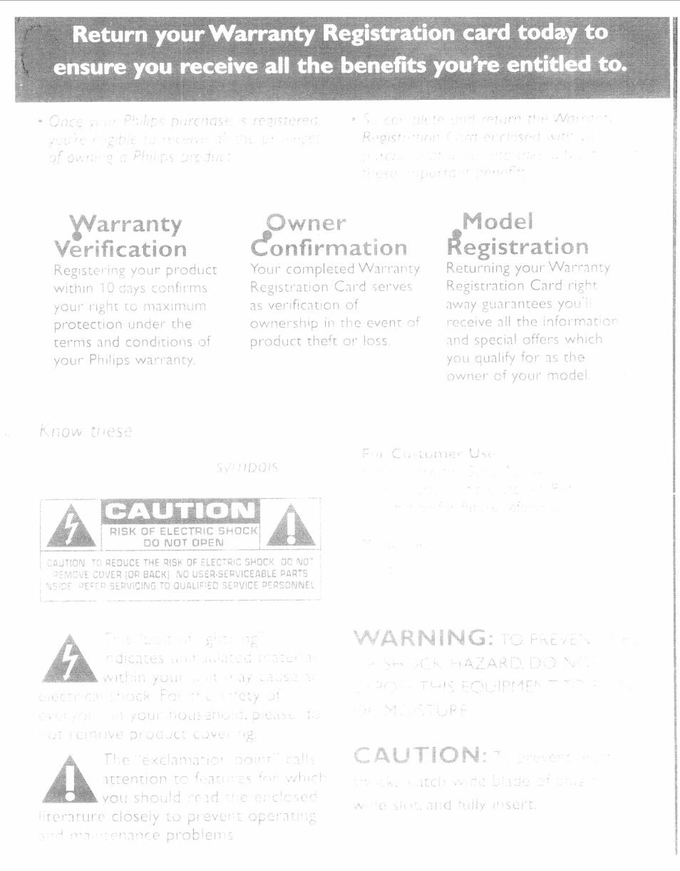 Warning, Tc' pxbvq, Y^arranty verification | Owner confirmation, Model registration, Caution | Philips AJ3953 User Manual | Page 2 / 36