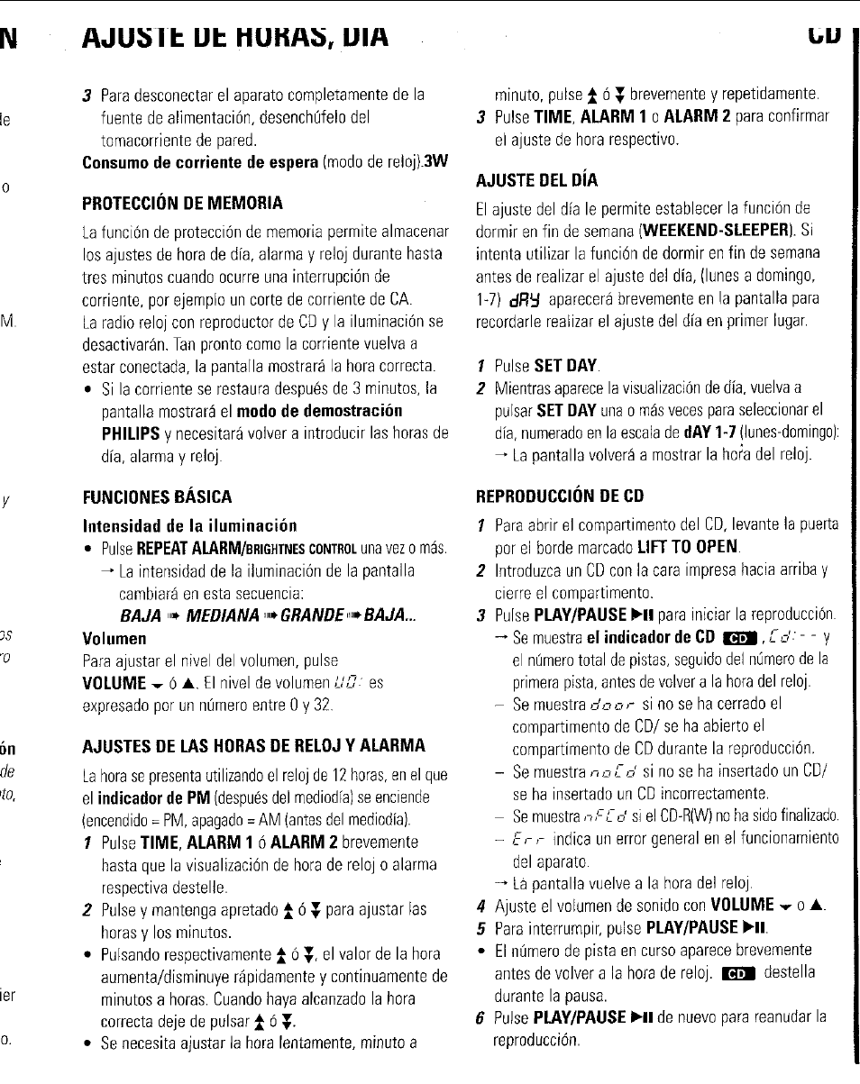 Protección de memoria, Funciones básica intensidad de la iluminación, Ajustes de us horas de reloj y alarma | Ajuste del día, Reproducción de cd, Najusi t ut hukab, uia | Philips AJ3953 User Manual | Page 21 / 36