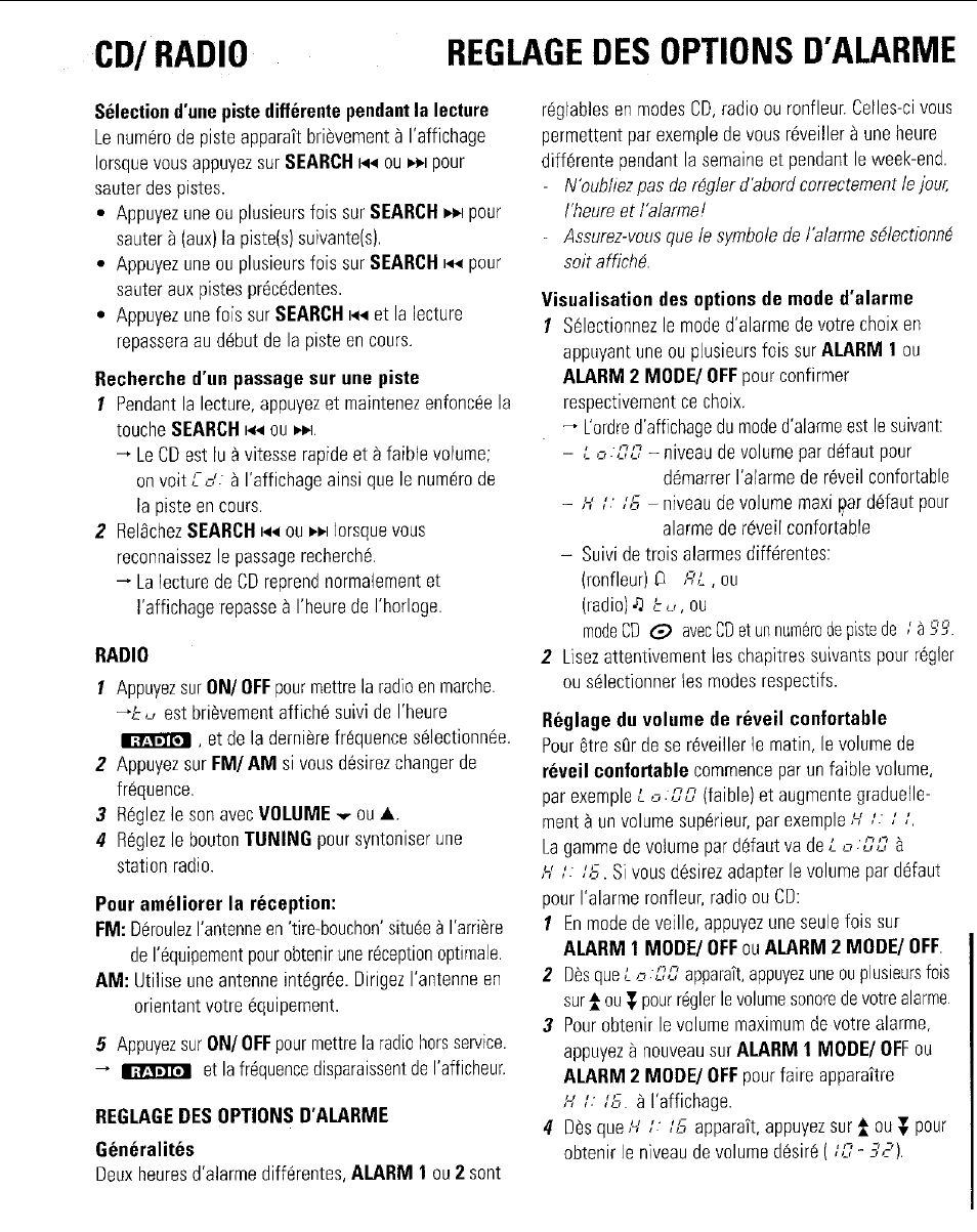 Reglage des options d'alarme, Radio, Reglage des options d'aurme généralités | Cd/radio reglage des options d'alarme | Philips AJ3953 User Manual | Page 24 / 36