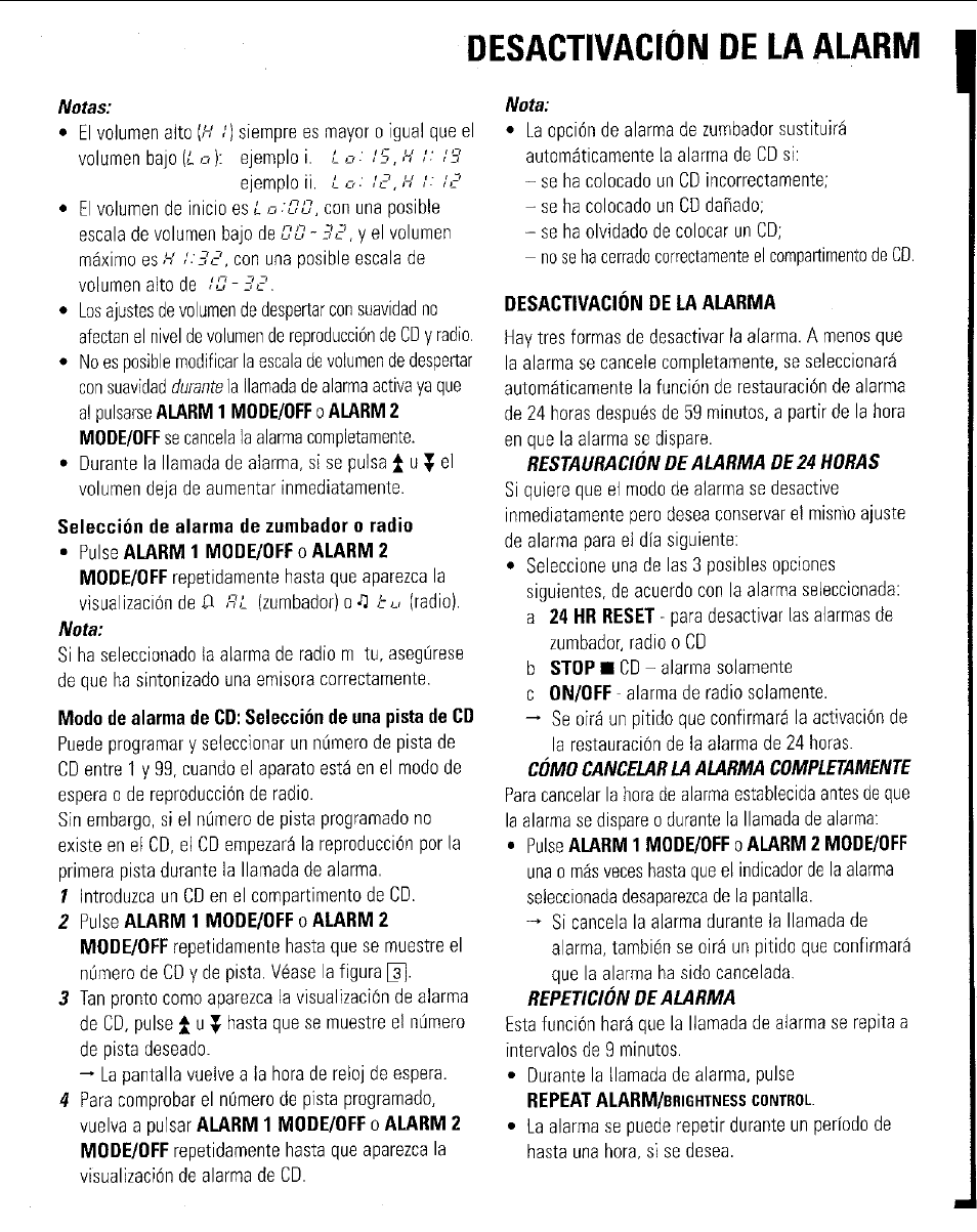 Desactivación de la alarm, Selección de alarma de zumbador o radio, Desactivacion de la aurma | Philips AJ3953 User Manual | Page 27 / 36