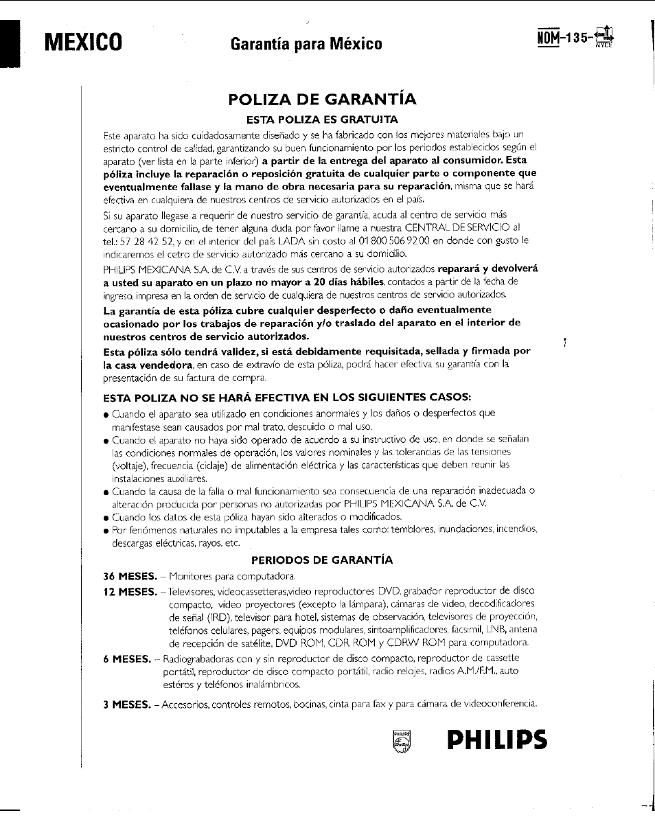 Mexico, Nom-135, Philips | Garantía para méxico, Poliza de garantia | Philips AJ3953 User Manual | Page 29 / 36