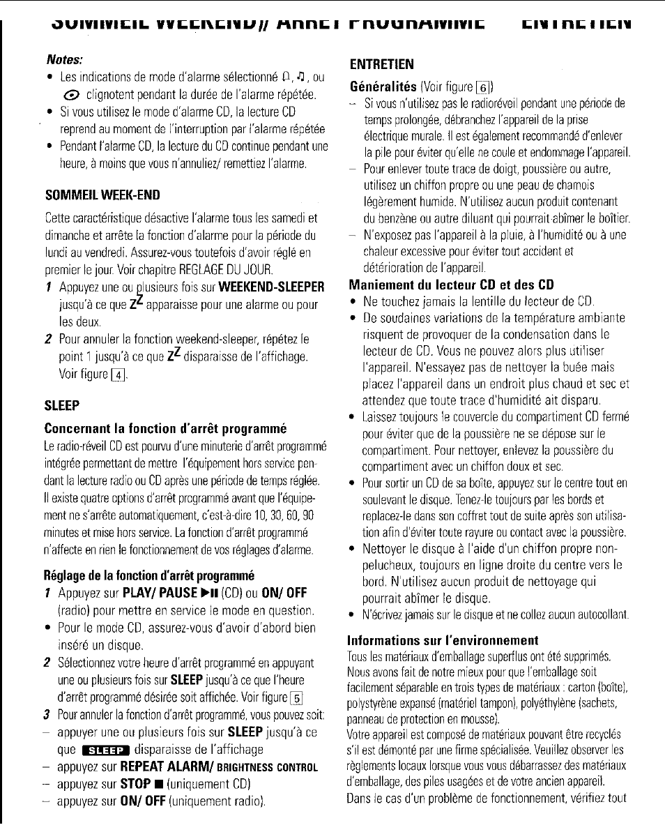 Sommeil week-end, Sleep, Entretien | Informations sur l'environnement, Ouiviivicil vvccixcivli, Rnuunmviivit | Philips AJ3953 User Manual | Page 30 / 36