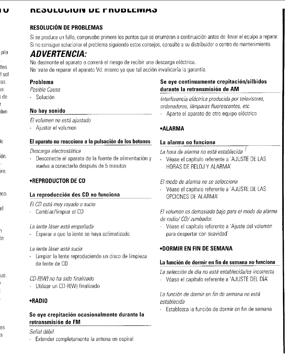 Resolucion de problemas, Problema, No hay sonido | Alarma, La alarma no funciona, Reproductor oe cd, La reproducción des cd no funciona, Raolo, Oormir en fin de semana, La función de dormir en fin de semana no funciona | Philips AJ3953 User Manual | Page 33 / 36