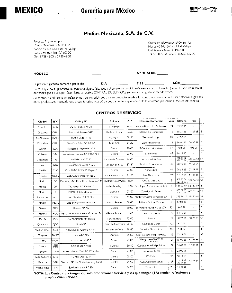 Mexico, Garantía para méxico, Philips mexicana, s.a. de c.v | Centros de servicio | Philips AJ3953 User Manual | Page 35 / 36