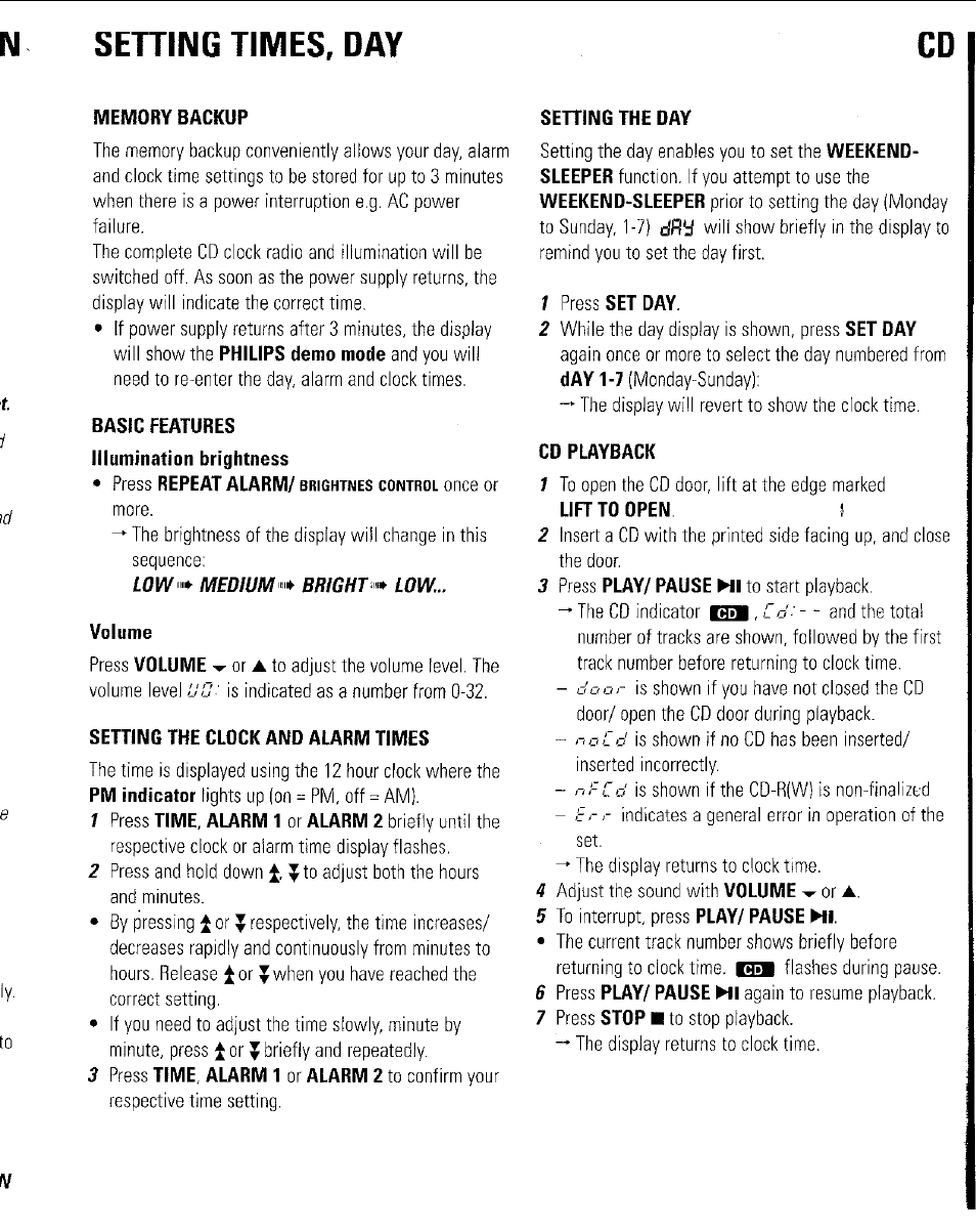 Setting times, day, Memory backup, Basic features illumination brightness | Volume, Setting the clock and alarm times, Setting the day, Cd playback, Setting times, day cd | Philips AJ3953 User Manual | Page 4 / 36