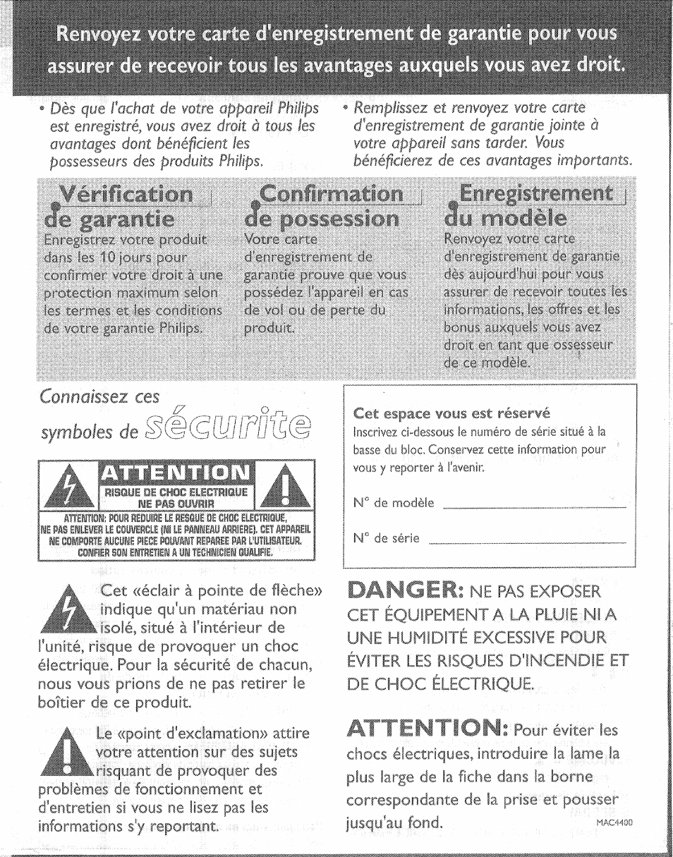 Modèle, Je garantie, Attention | Danger, Connaissez ces symboles de | Philips AJ3953 User Manual | Page 5 / 36