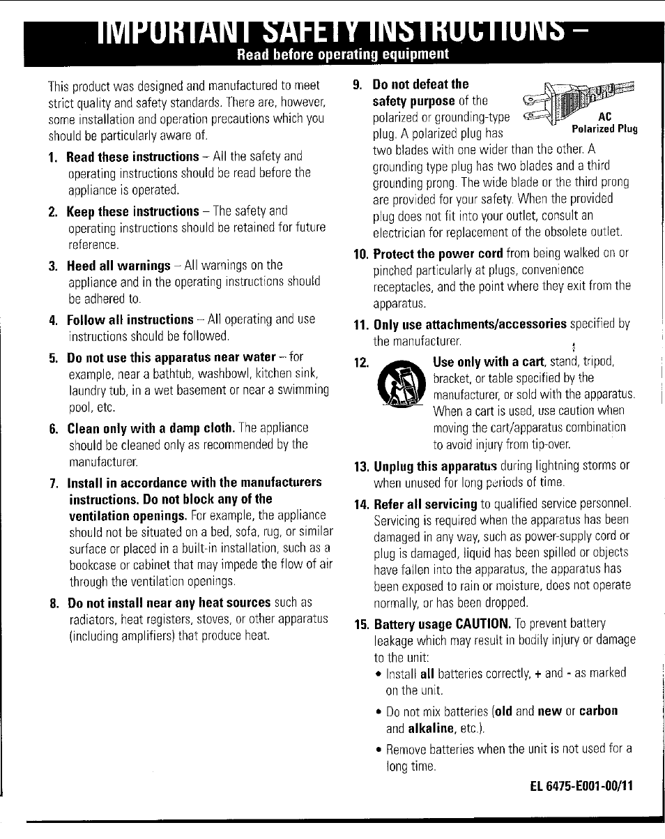 Read before operating equipment, Do not use this apparatus near water ~ for, Do not defeat the safety purpose of the | Only use attachments/accessories specified by | Philips AJ3953 User Manual | Page 8 / 36