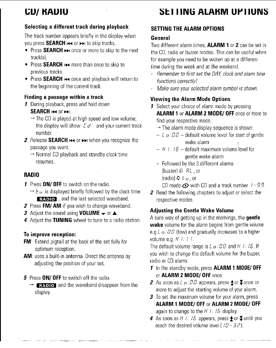 Selecting a different track during playback, Radio, To improve reception | Sehing the alarm options general, Uu/ kaulu st i linli alakm ukiiuims | Philips AJ3953 User Manual | Page 9 / 36