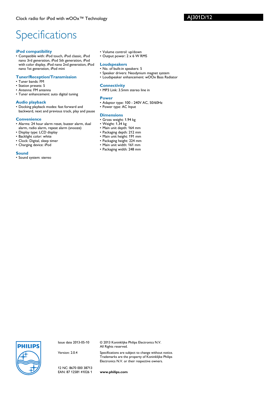 Specifications | Philips AJ301D/12 User Manual | Page 3 / 3