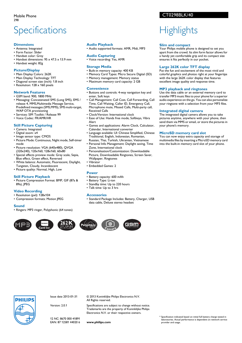 Specifications, Highlights | Philips CT0298BLK User Manual | Page 2 / 2