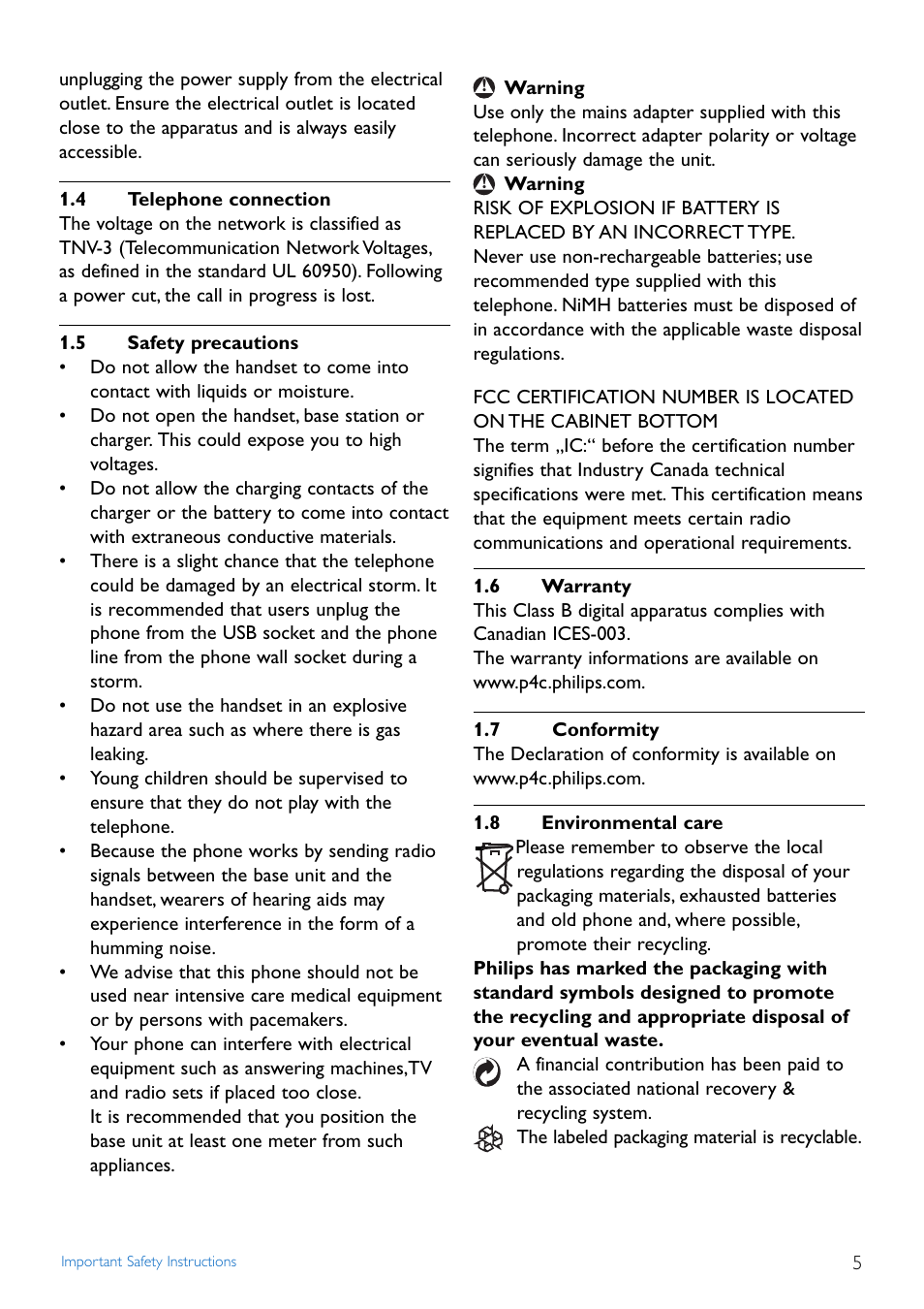 4 telephone connection, 5 safety precautions, 6 warranty | 7 conformity, 8 environmental care, Telephone connection, Safety precautions, Warranty, Conformity, Environmental care | Philips CD440 User Manual | Page 7 / 38