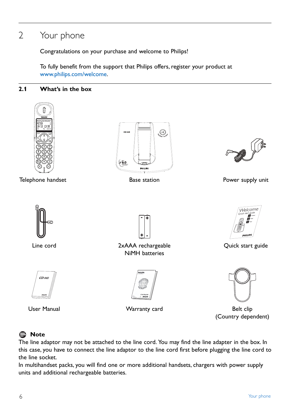 2 your phone, 1 what's in the box, Your phone | What’s in the box, 2your phone | Philips CD440 User Manual | Page 8 / 38