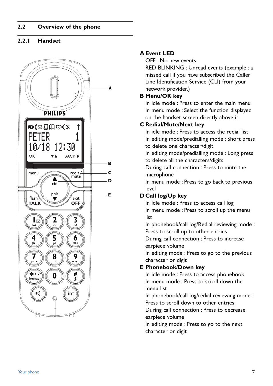 2 overview of the phone, 1 handset, Overview of the phone | Philips CD440 User Manual | Page 9 / 38