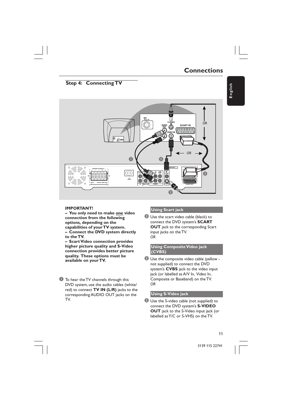 Connections, Step 4: connecting tv, Audio out s-video in video in scart in | Philips LX7100SA/22 User Manual | Page 11 / 45