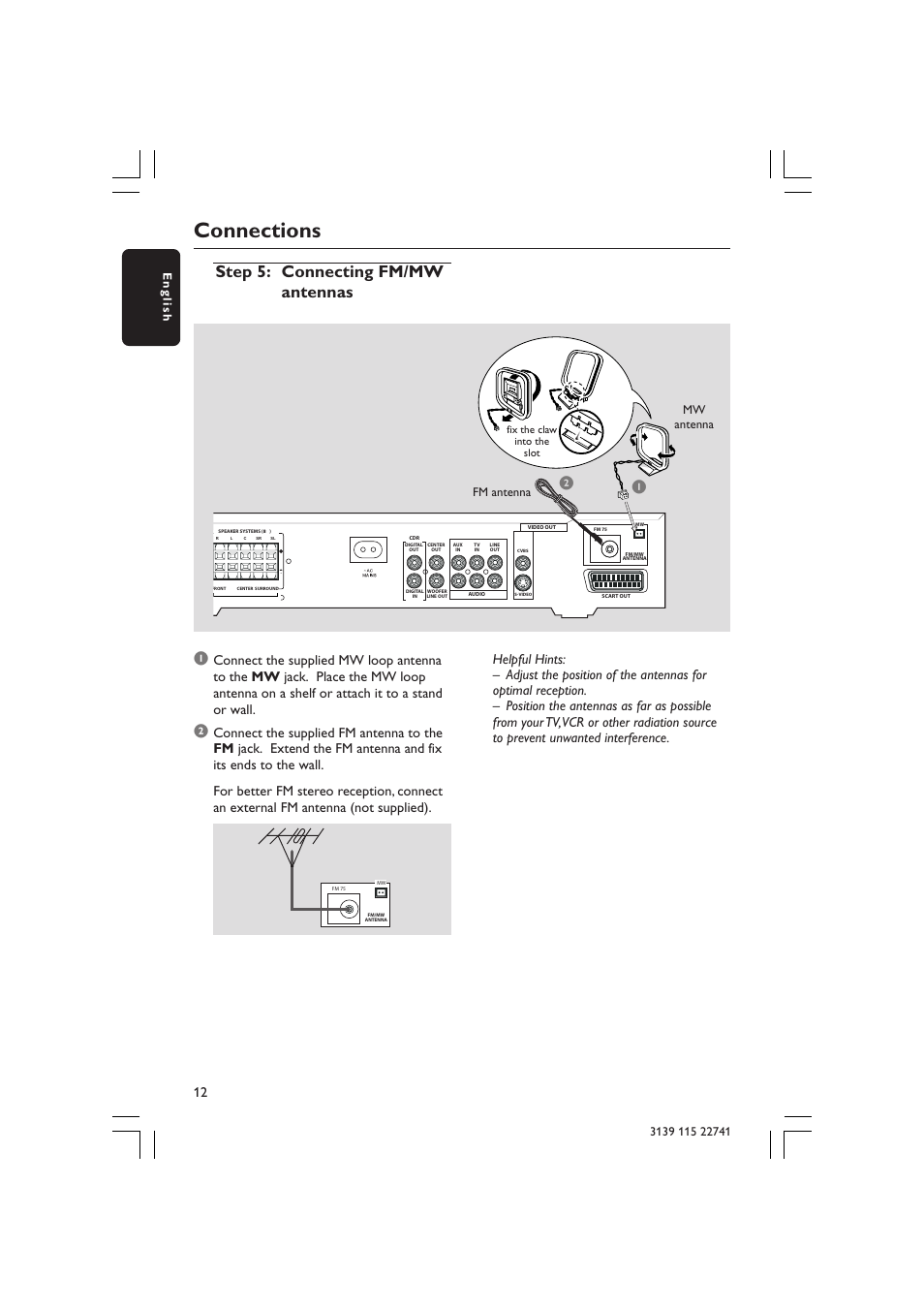 Connections, Step 5: connecting fm/mw antennas 1 2, Fm antenna mw antenna | Philips LX7100SA/22 User Manual | Page 12 / 45