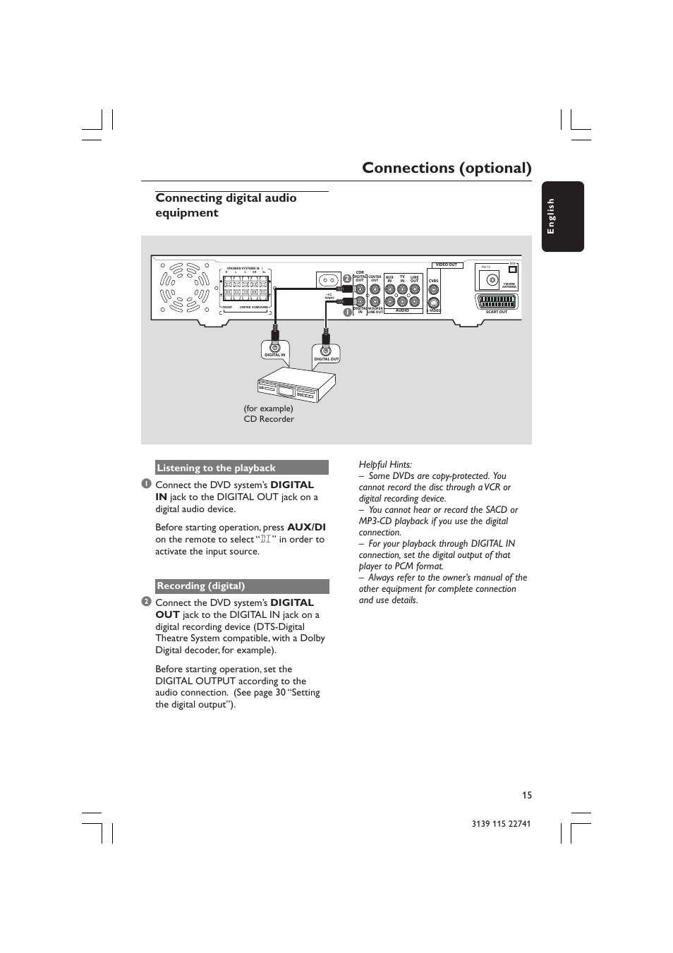 Connections (optional), Connecting digital audio equipment, Listening to the playback | For example) cd recorder | Philips LX7100SA/22 User Manual | Page 15 / 45