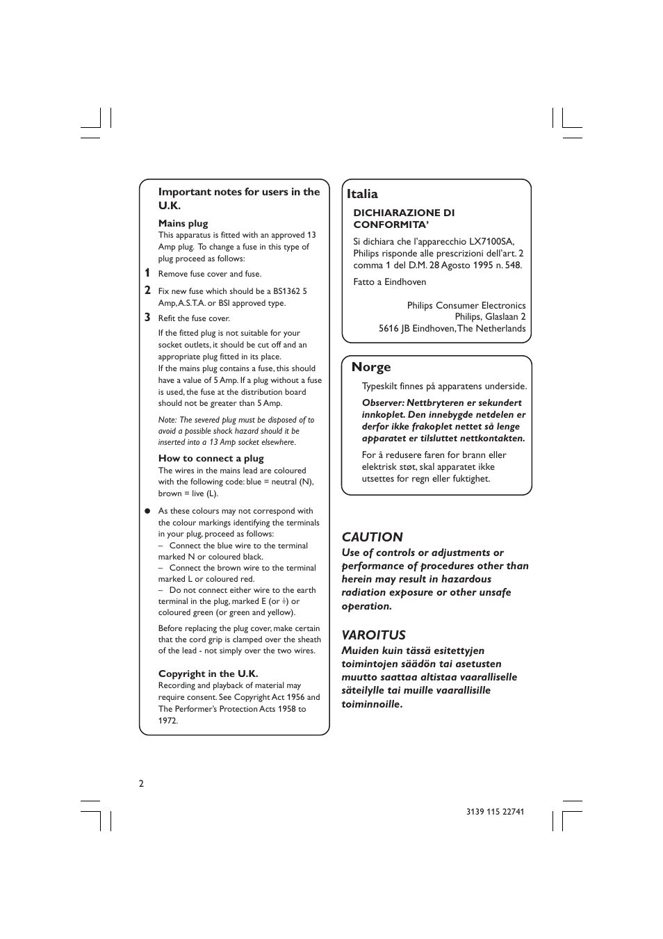 Norge, Italia, Caution | Varoitus | Philips LX7100SA/22 User Manual | Page 2 / 45