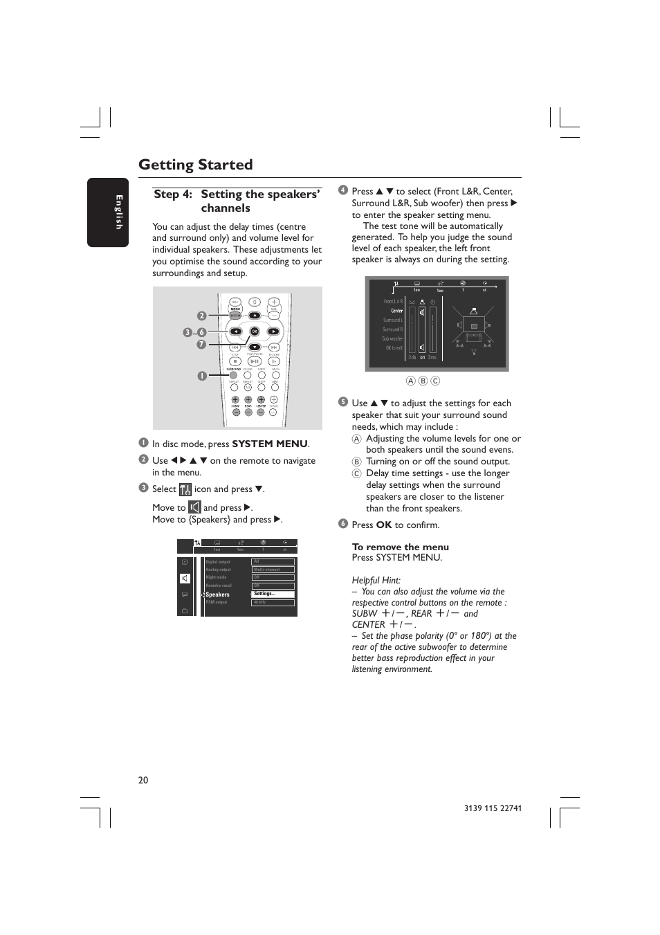 Getting started, Step 4: setting the speakers’ channels | Philips LX7100SA/22 User Manual | Page 20 / 45