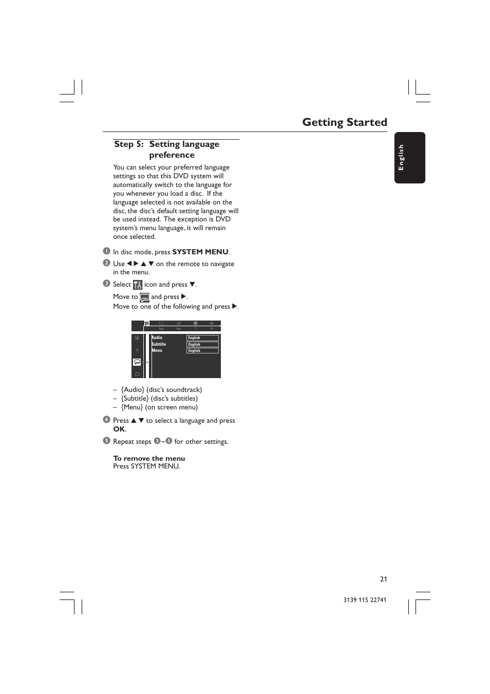 Getting started, Step 5: setting language preference | Philips LX7100SA/22 User Manual | Page 21 / 45