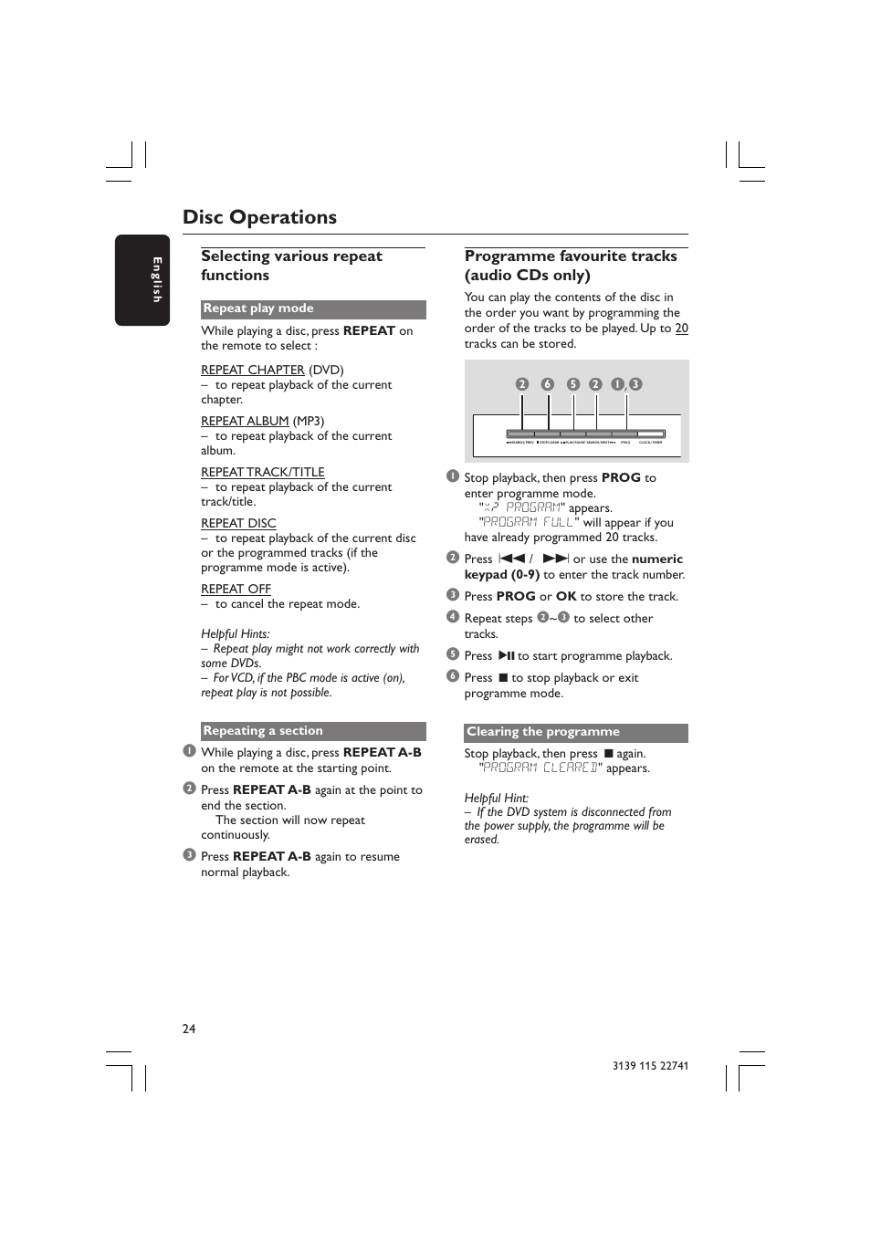 Disc operations, Selecting various repeat functions, Programme favourite tracks (audio cds only) | Philips LX7100SA/22 User Manual | Page 24 / 45