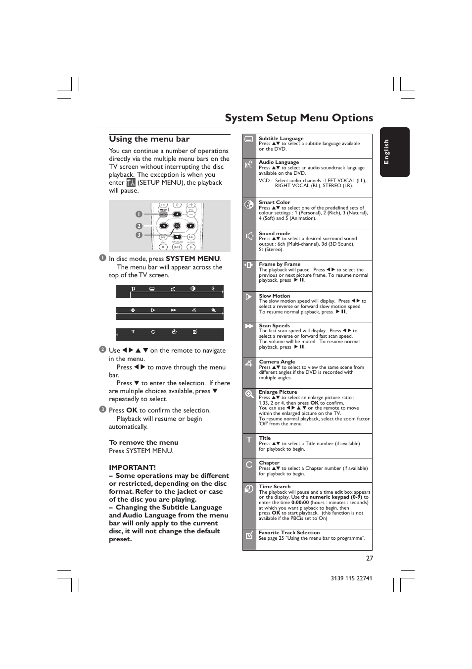 System setup menu options, Using the menu bar | Philips LX7100SA/22 User Manual | Page 27 / 45