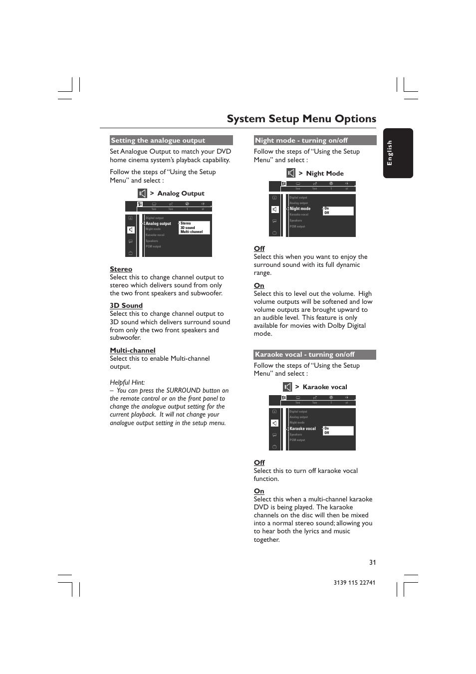 System setup menu options, Analog output, Night mode | Karaoke vocal | Philips LX7100SA/22 User Manual | Page 31 / 45