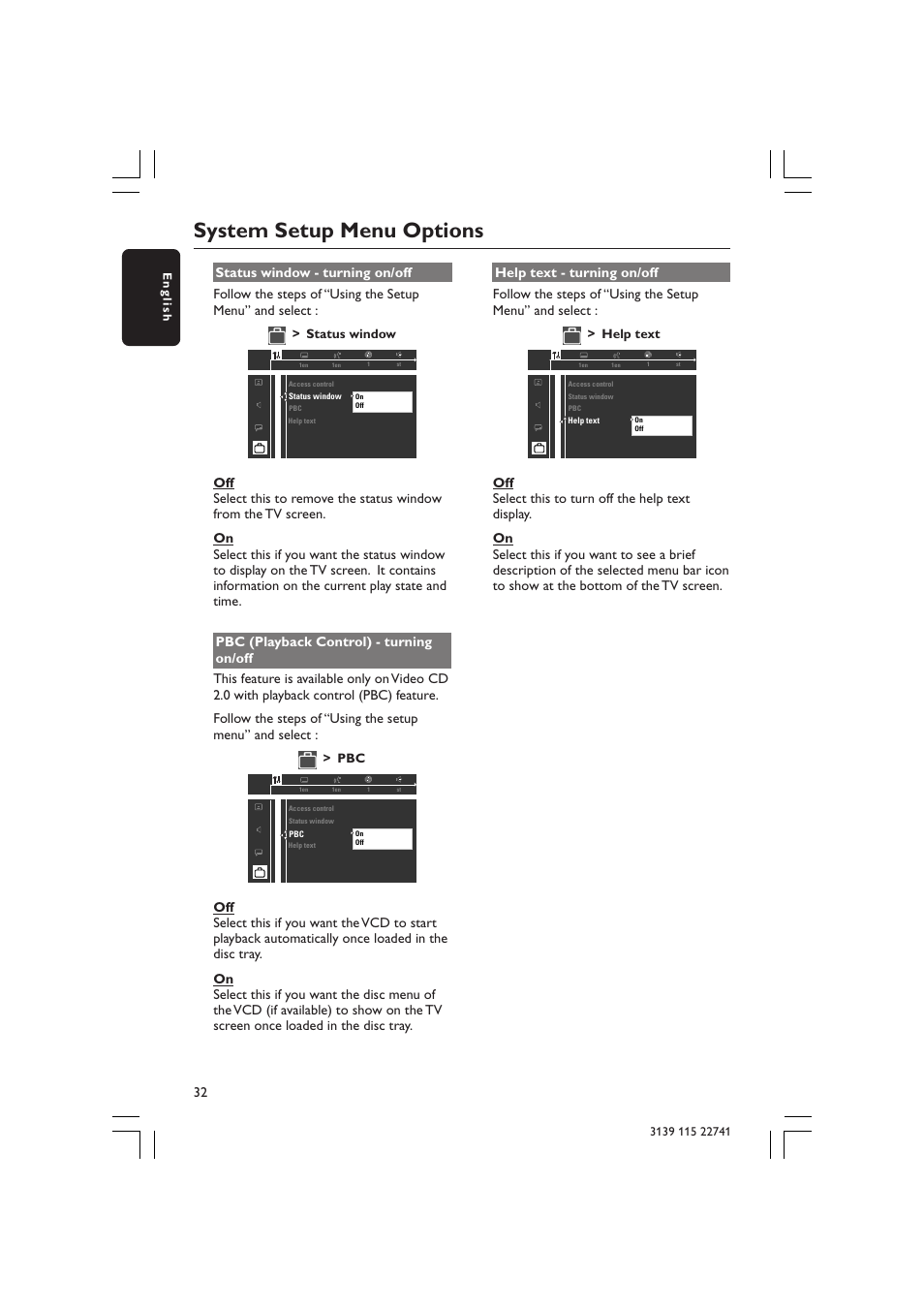 System setup menu options | Philips LX7100SA/22 User Manual | Page 32 / 45