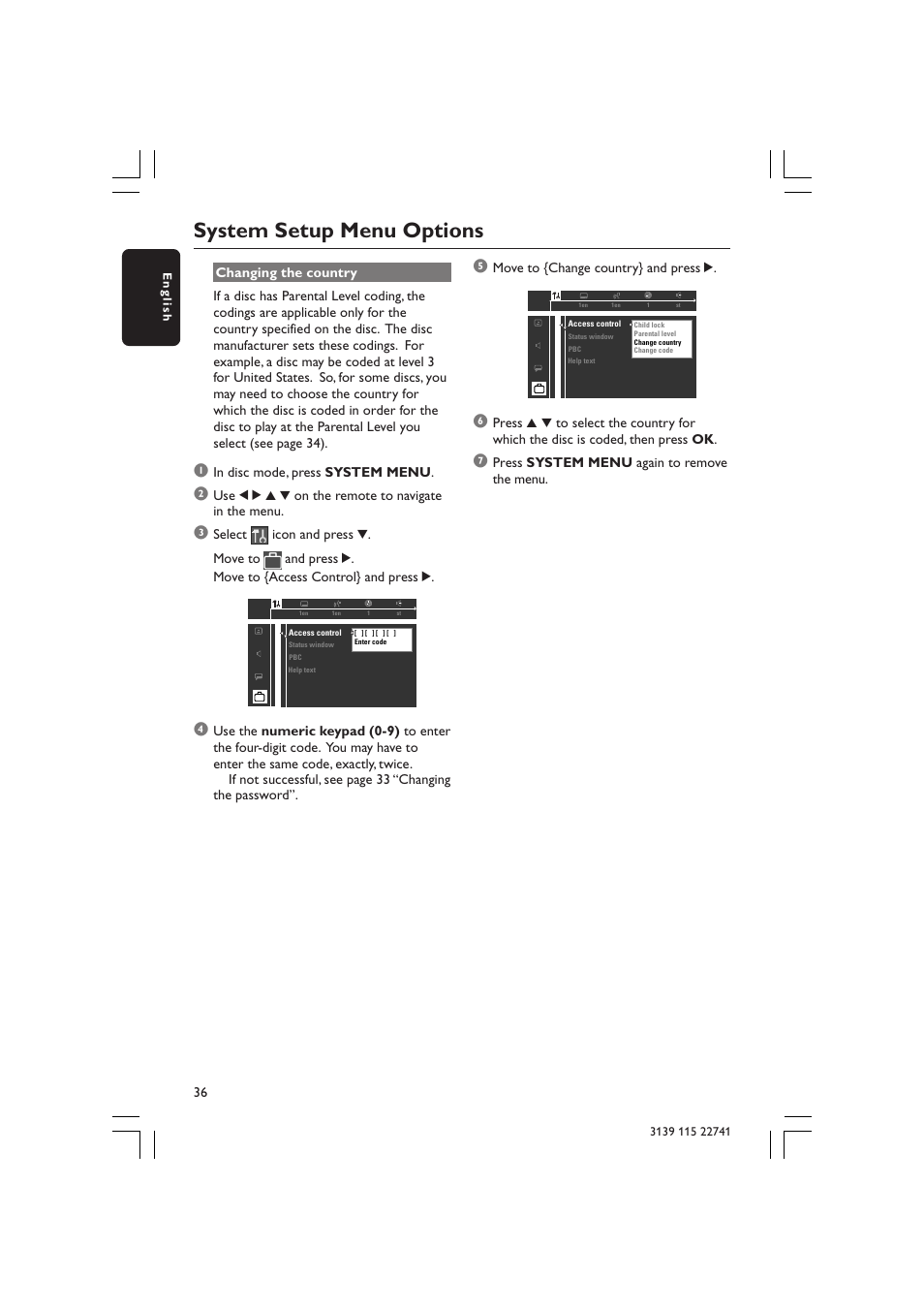 System setup menu options | Philips LX7100SA/22 User Manual | Page 36 / 45
