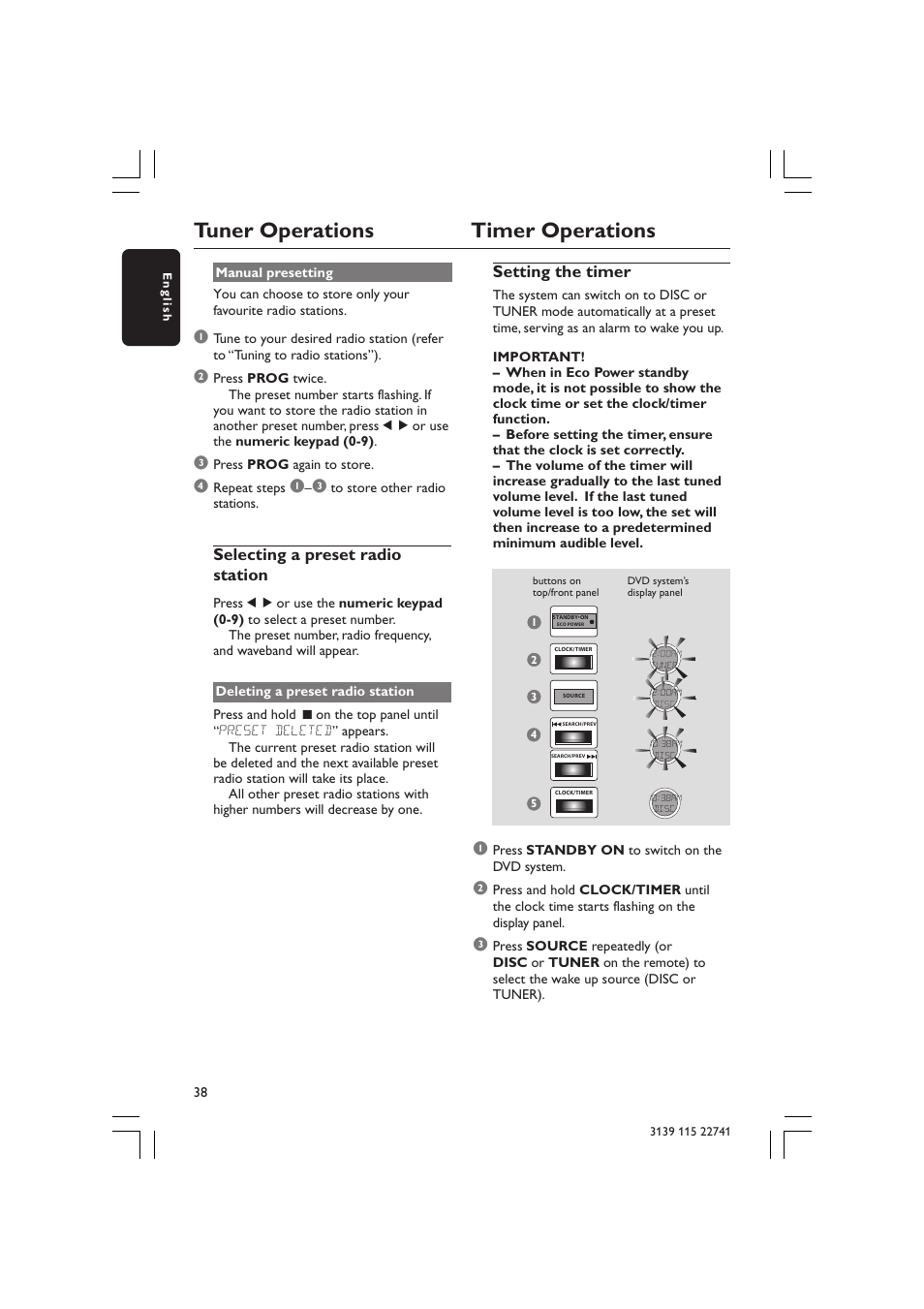 Tuner operations timer operations, Selecting a preset radio station, Setting the timer | Philips LX7100SA/22 User Manual | Page 38 / 45