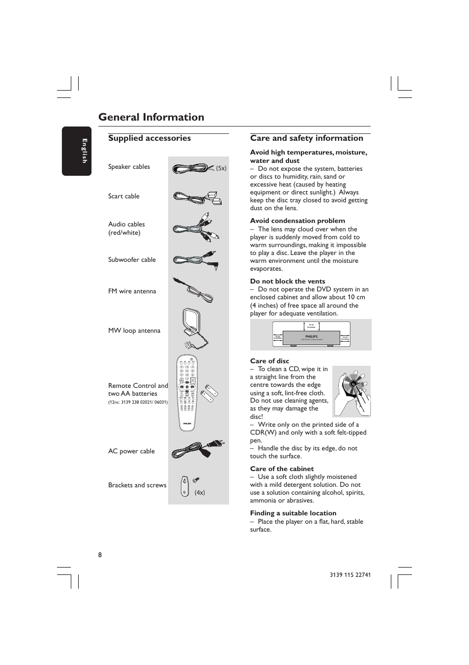 General information, Supplied accessories, Care and safety information | Philips LX7100SA/22 User Manual | Page 8 / 45