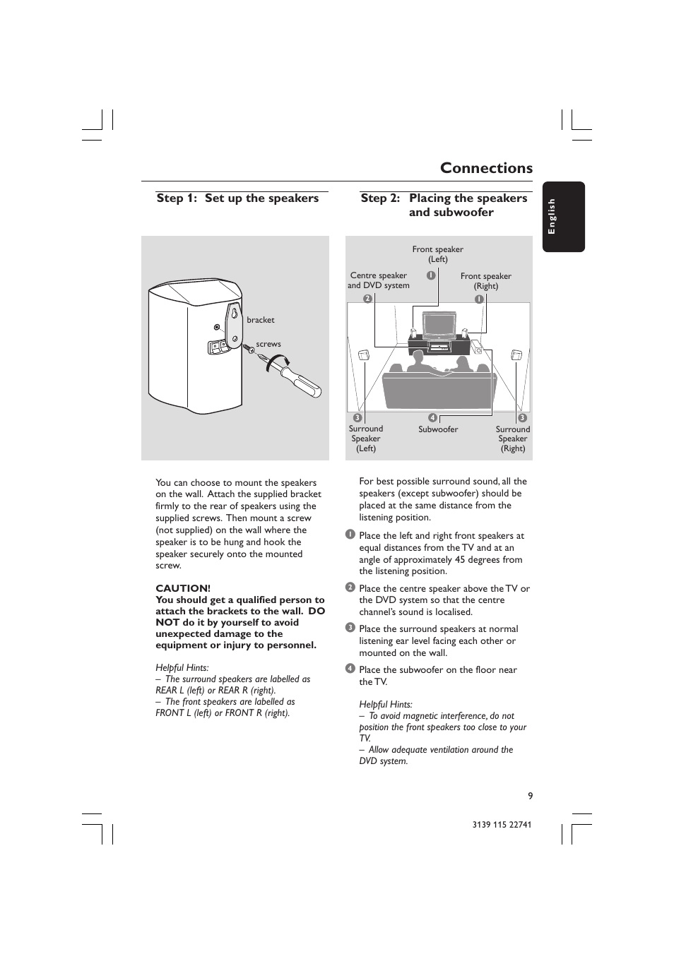 Connections, Step 1: set up the speakers, Step 2: placing the speakers and subwoofer | Philips LX7100SA/22 User Manual | Page 9 / 45
