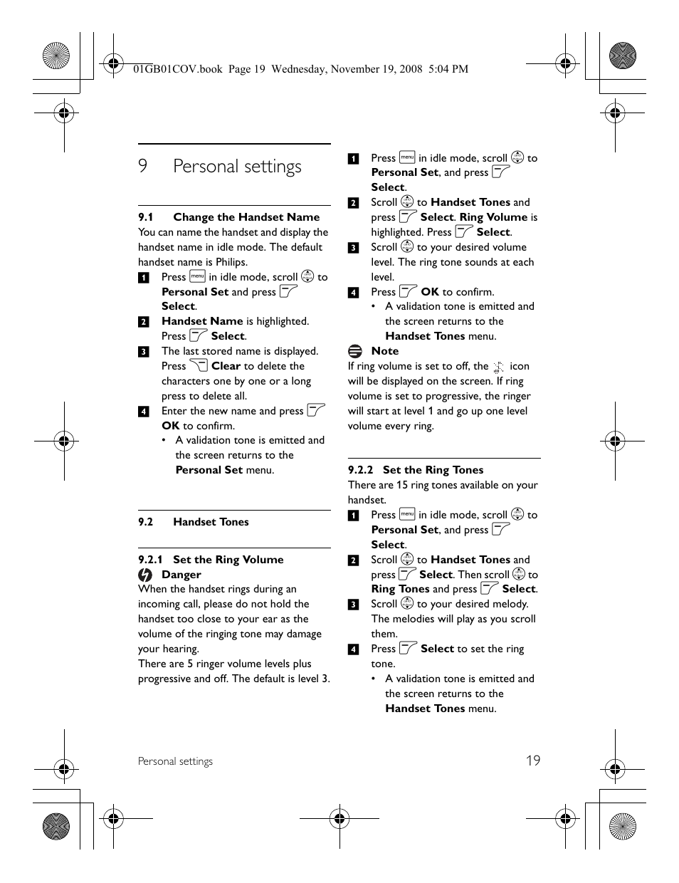 9personal settings | Philips SE6580 User Manual | Page 21 / 28