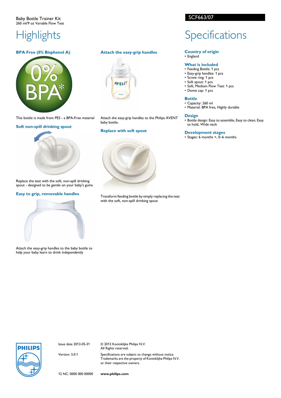 Highlights, Specifications | Philips AVENT SCF663/07 User Manual | Page 2 / 2