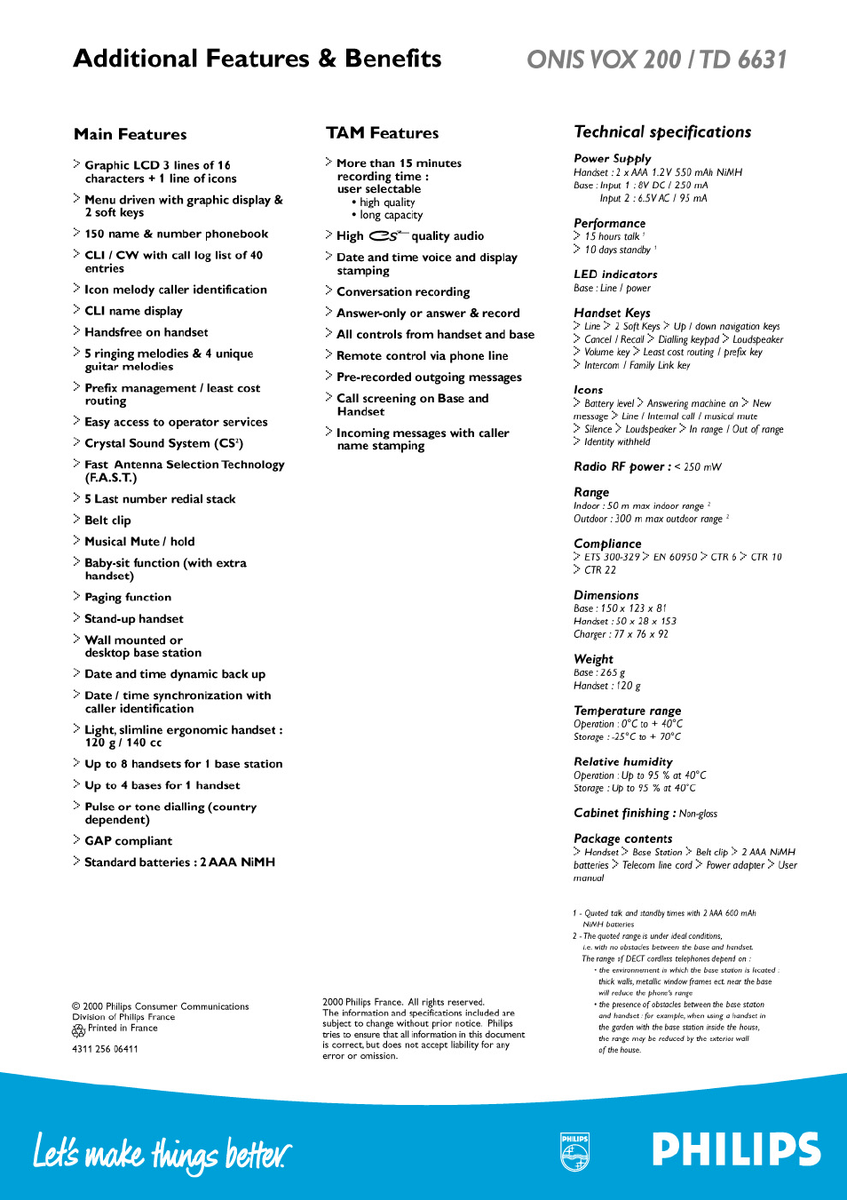 Philips, Leíé mah ikùiÿs beiti, Main features | Tam features, Technical specifications | Philips Onis Vox 2000 User Manual | Page 2 / 2