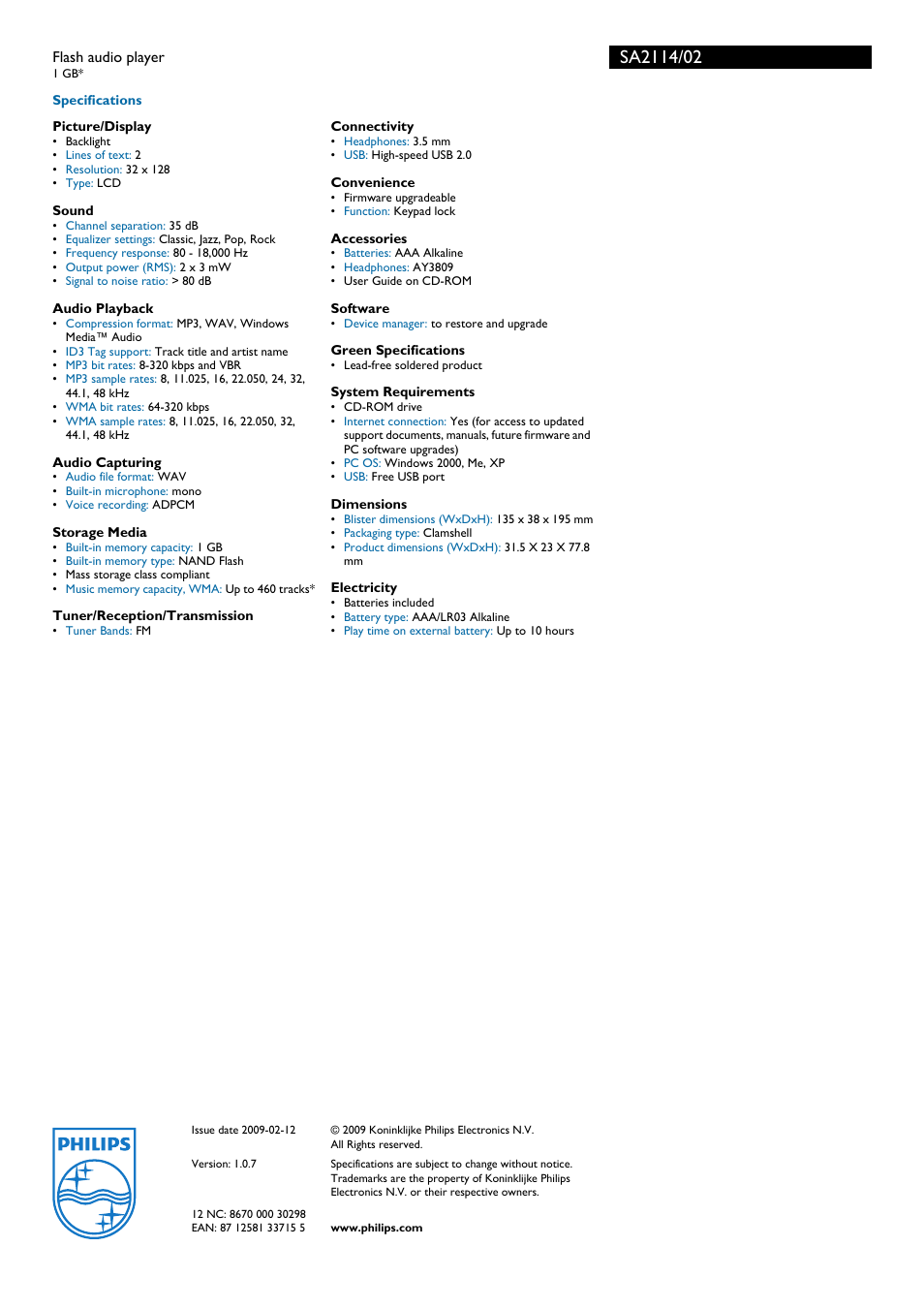 Philips Audio Player SA2114 User Manual | Page 2 / 2