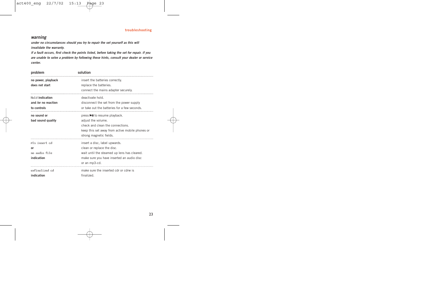 Philips ACT400 User Manual | Page 23 / 25