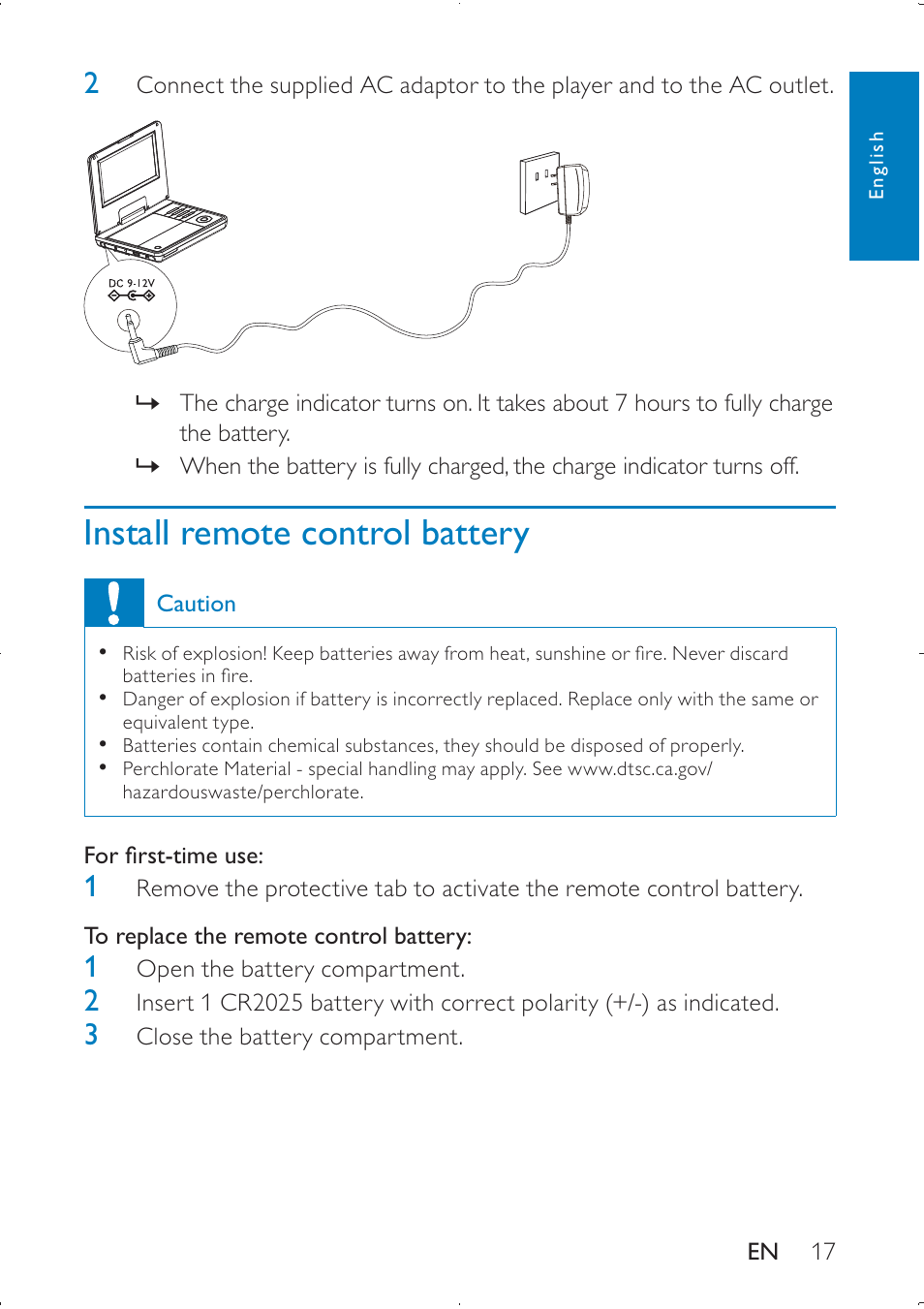 Install remote control battery | Philips PD7005 User Manual | Page 17 / 28