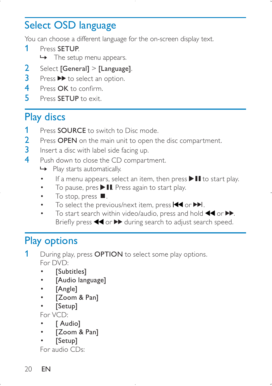 Select osd language, Play discs, Play options | Philips PD7005 User Manual | Page 20 / 28