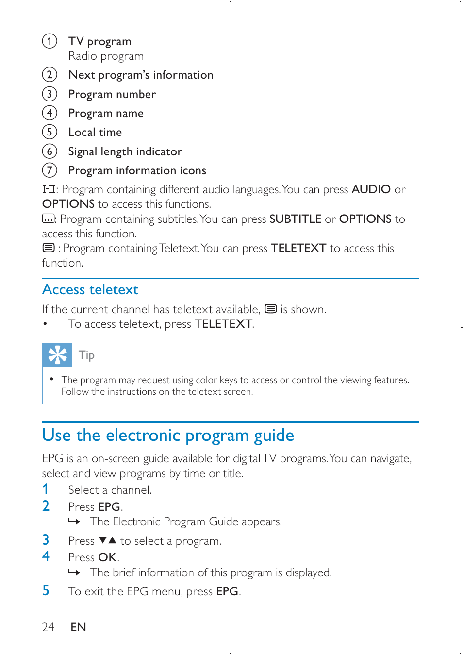 Use the electronic program guide, Access teletext | Philips PD7005 User Manual | Page 24 / 28