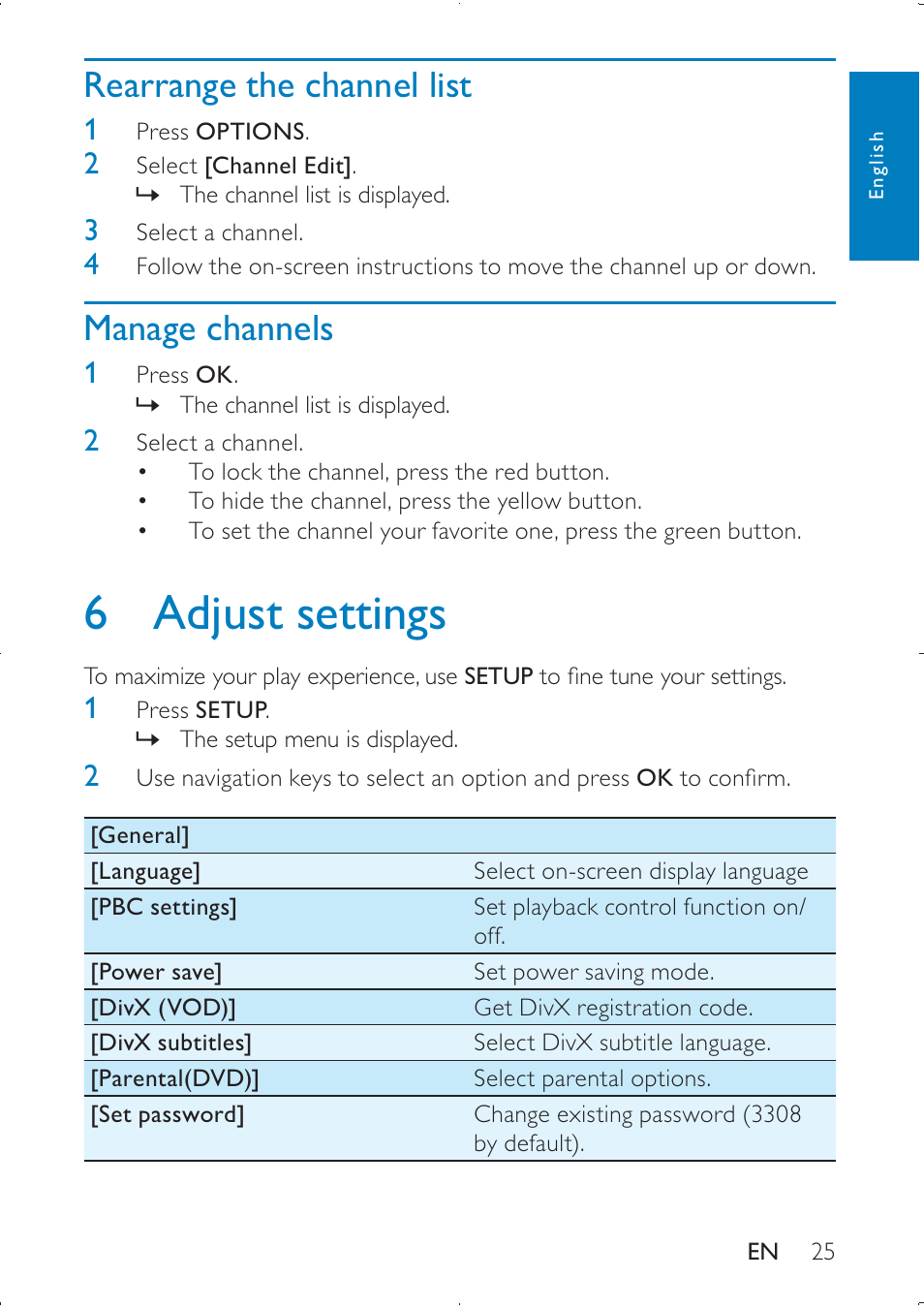 6 adjust settings, Rearrange the channel list, Manage channels | Philips PD7005 User Manual | Page 25 / 28