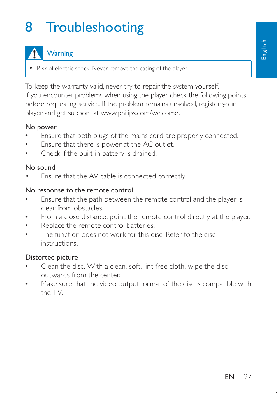 8 troubleshooting | Philips PD7005 User Manual | Page 27 / 28