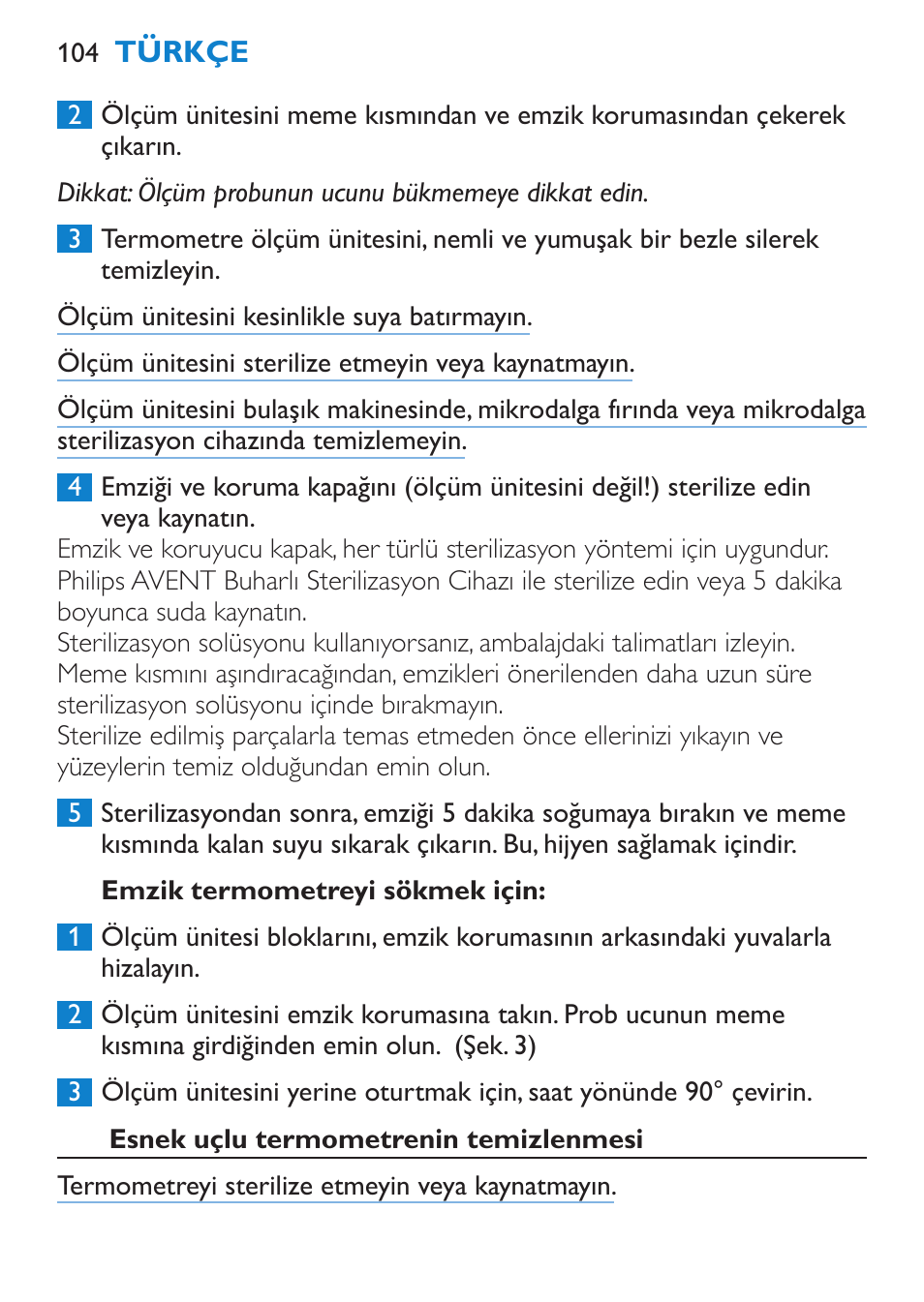 Emzik termometreyi sökmek için, Esnek uçlu termometrenin temizlenmesi | Philips AVENT SCH540 User Manual | Page 104 / 114