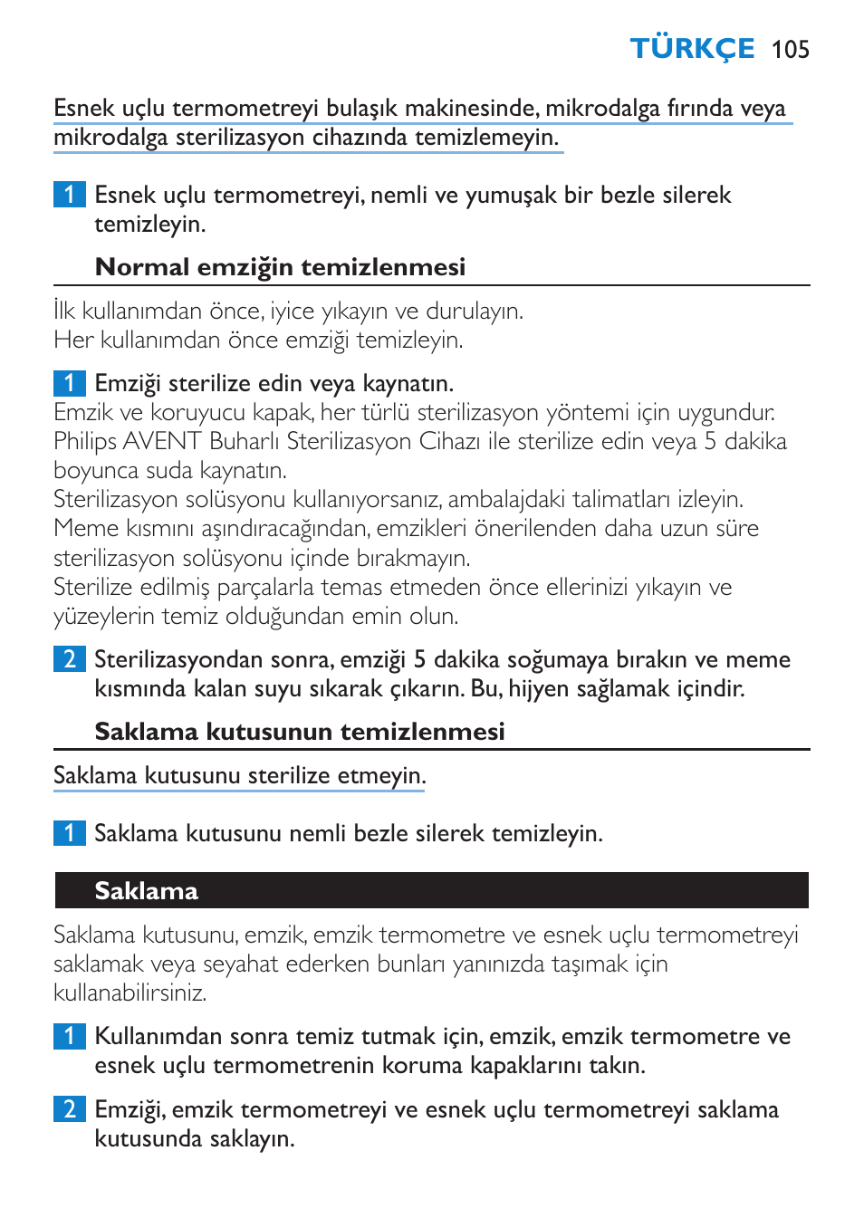 Normal emziğin temizlenmesi, Saklama kutusunun temizlenmesi, Saklama | Philips AVENT SCH540 User Manual | Page 105 / 114