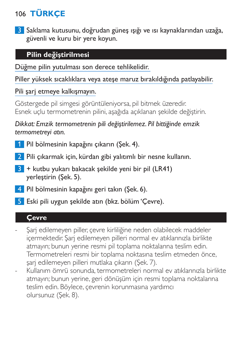 Pilin değiştirilmesi, Çevre | Philips AVENT SCH540 User Manual | Page 106 / 114