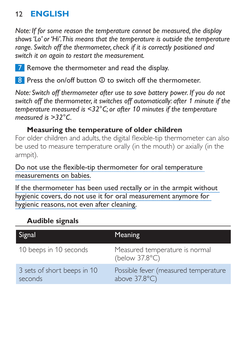 Measuring the temperature of older children, Audible signals | Philips AVENT SCH540 User Manual | Page 12 / 114