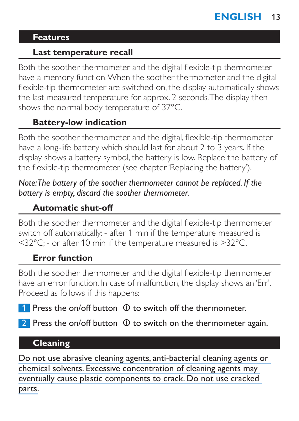 Features, Last temperature recall, Battery-low indication | Automatic shut-off, Error function, Cleaning | Philips AVENT SCH540 User Manual | Page 13 / 114