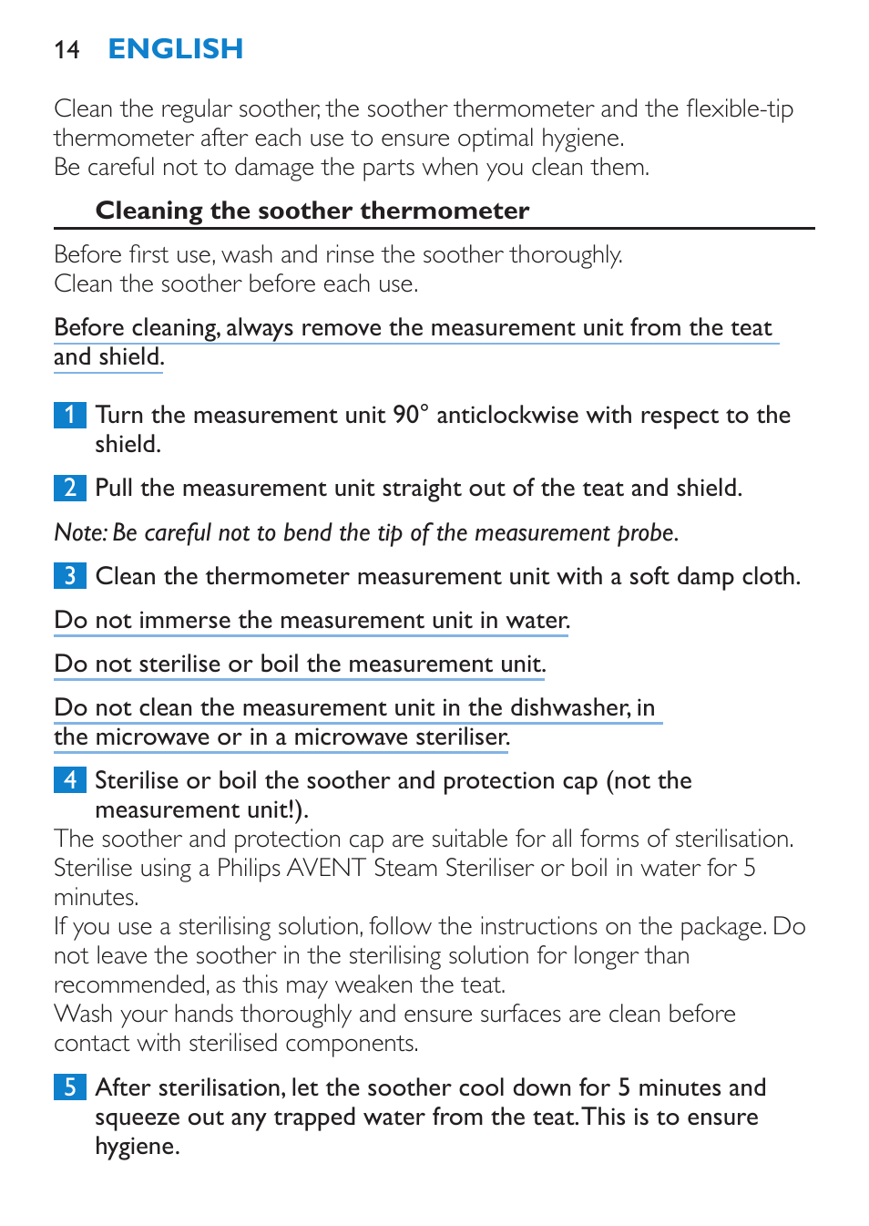 Cleaning the soother thermometer | Philips AVENT SCH540 User Manual | Page 14 / 114